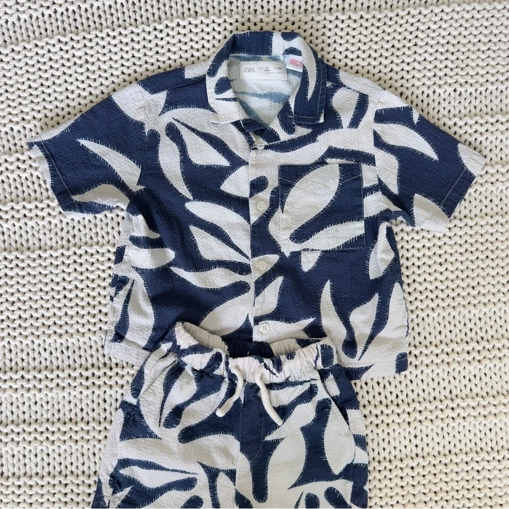 Zara Tropical Navy Blue Print Shirt and Shorts Toddler Set Size 2T